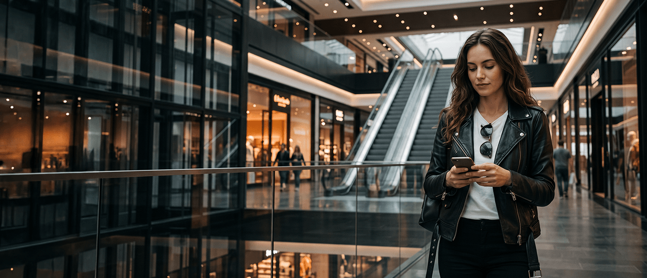 A commuter checking their phone in a modern transit station