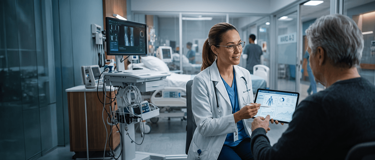 A clinician reviewing information on a tablet with a patient