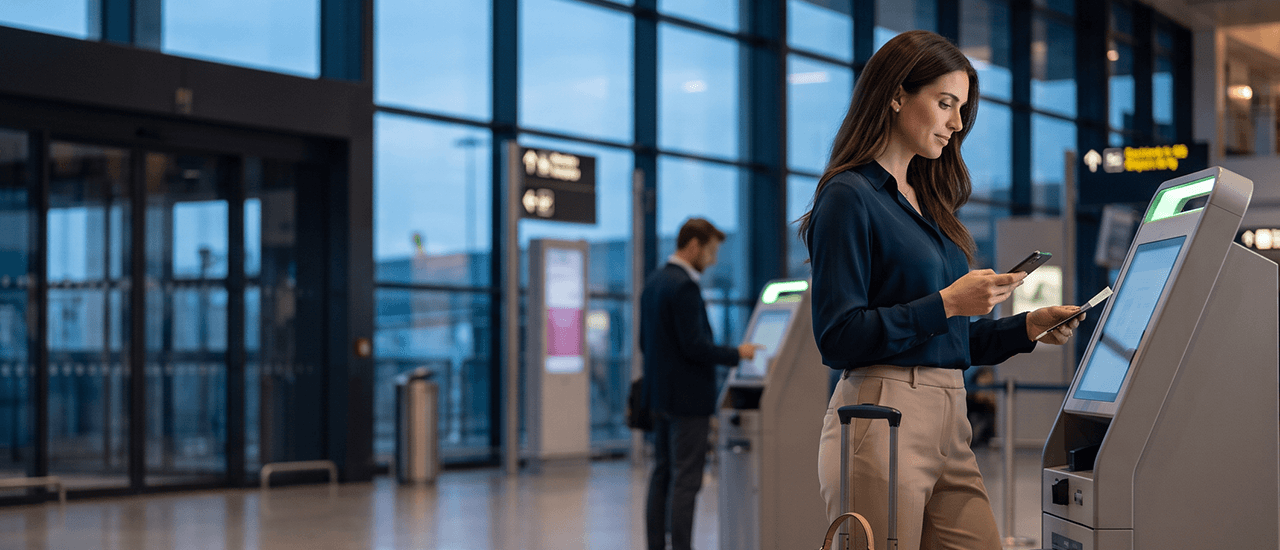 A traveler using a self-service kiosk in an airport terminal
